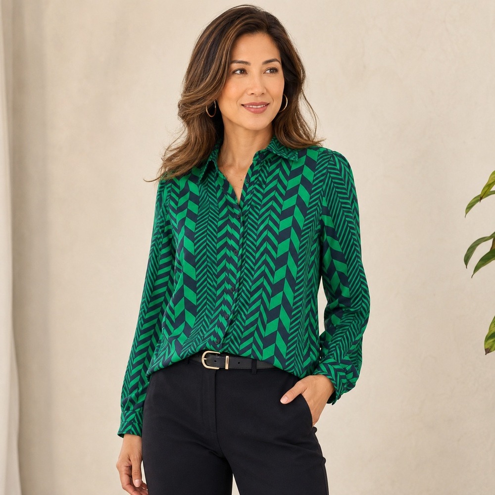 Michael Kors Blouse Green Chevron Printed Workwear Chic Modern Medium Office